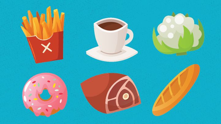 illustration of french fries, donut, coffee, meat, bread, cauliflower