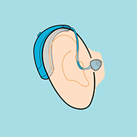 Receiver-in-canal hearing aid with a behind-the-ear element connected to an ear piece tucked discreetly into the canal illustration